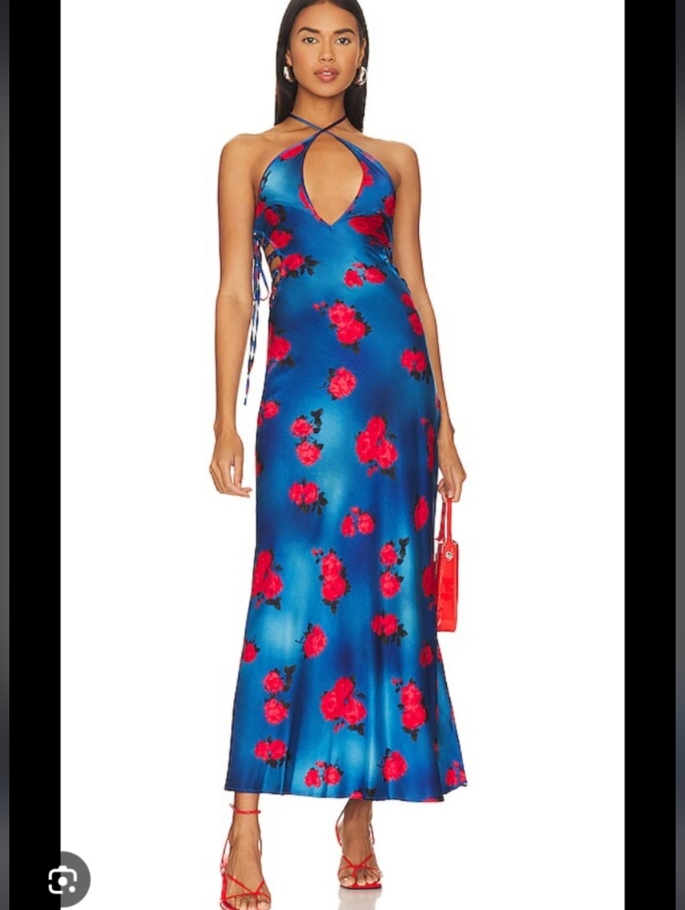 Mirae Rebecca Blue Floral Halter Slip Dress with Red Roses